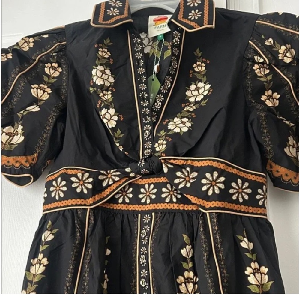 NWT Anthropologie FARM Rio Black Embroidered Flowers Floral Midi Shirt Dress M - Picture 10 of 11